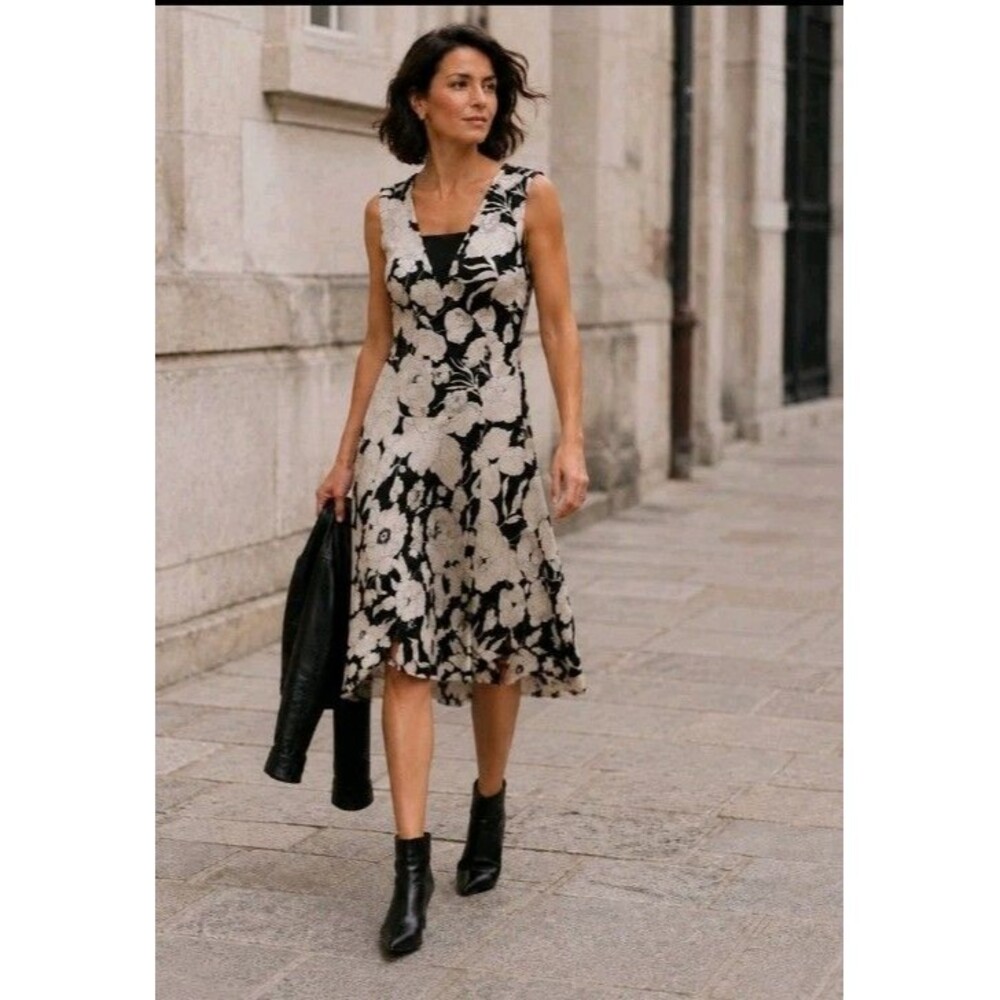 White House Black Market Silk Floral Dress 6 Black Ivory Asymmetrical Midi